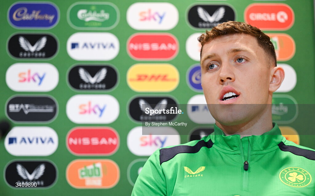 30 March 2026; Dara O'Shea during a Republic of Ireland men's media conference at the FAI Headquarters in Abbotstown, Dublin. Photo by Stephen McCarthy/Sportsfile