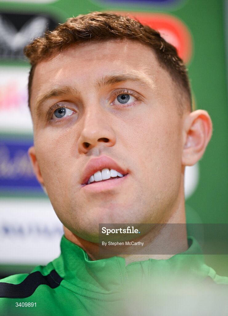 30 March 2026; Dara O'Shea during a Republic of Ireland men's media conference at the FAI Headquarters in Abbotstown, Dublin. Photo by Stephen McCarthy/Sportsfile