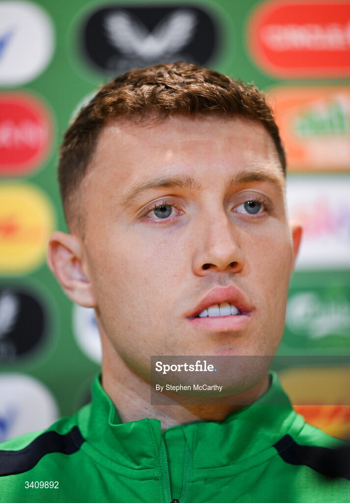 30 March 2026; Dara O'Shea during a Republic of Ireland men's media conference at the FAI Headquarters in Abbotstown, Dublin. Photo by Stephen McCarthy/Sportsfile
