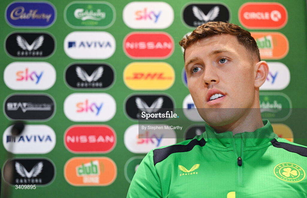 30 March 2026; Dara O'Shea during a Republic of Ireland men's media conference at the FAI Headquarters in Abbotstown, Dublin. Photo by Stephen McCarthy/Sportsfile