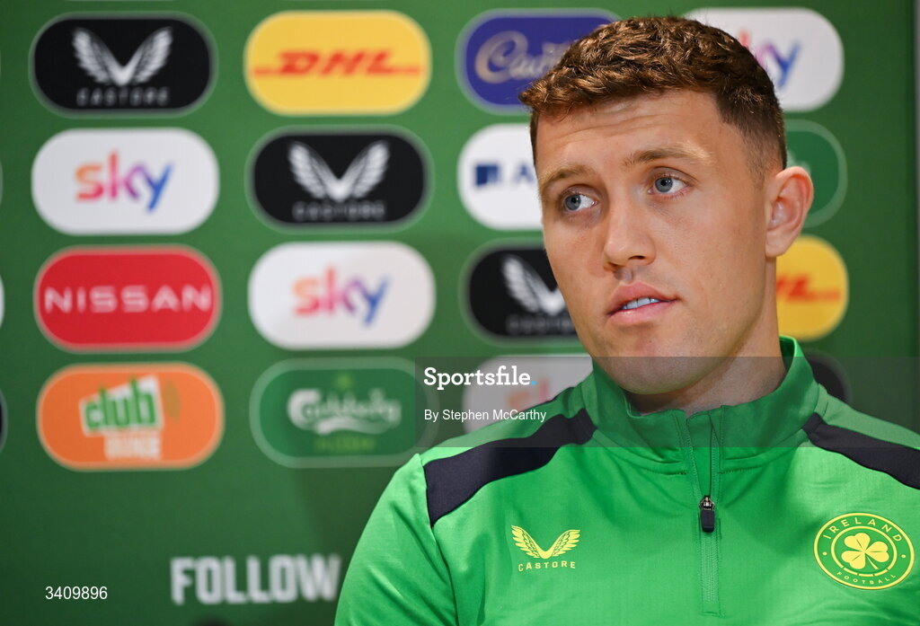 30 March 2026; Dara O'Shea during a Republic of Ireland men's media conference at the FAI Headquarters in Abbotstown, Dublin. Photo by Stephen McCarthy/Sportsfile