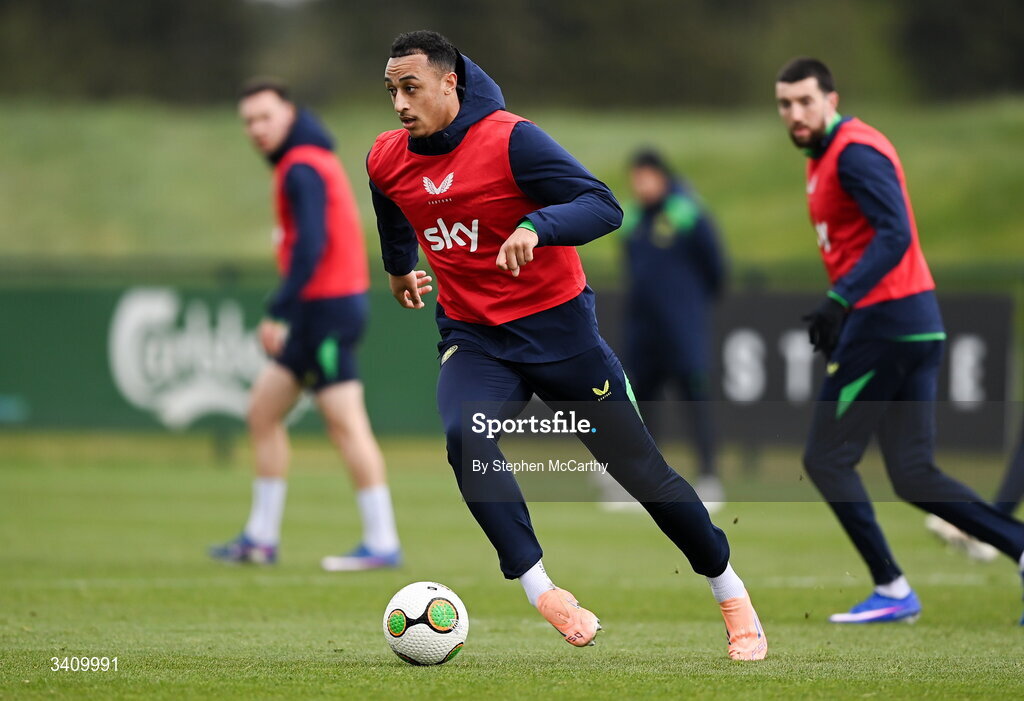 30 March 2026; Adam Idah during a Republic of Ireland men's training session at the FAI National Training Centre in Abbotstown, Dublin. Photo by Stephen McCarthy/Sportsfile