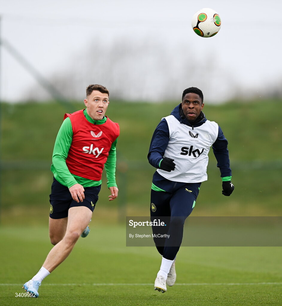 30 March 2026; Chiedozie Ogbene, right, and Dara O'Shea during a Republic of Ireland men's training session at the FAI National Training Centre in Abbotstown, Dublin. Photo by Stephen McCarthy/Sportsfile