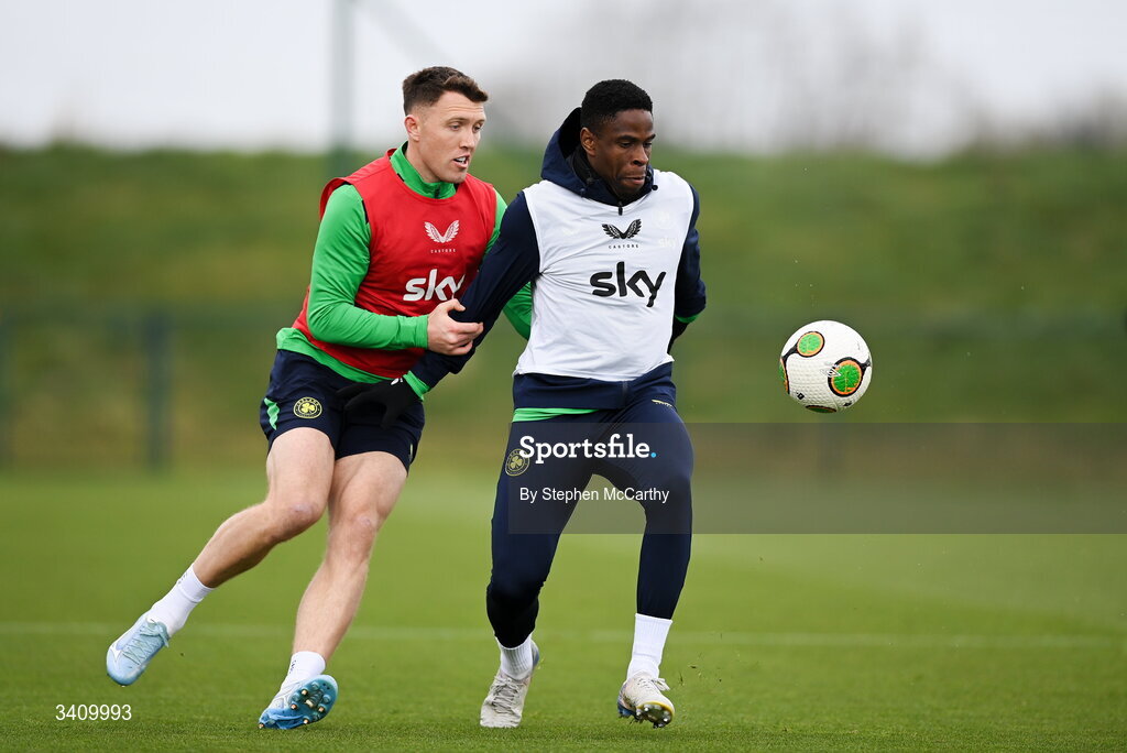 30 March 2026; Chiedozie Ogbene, right, and Dara O'Shea during a Republic of Ireland men's training session at the FAI National Training Centre in Abbotstown, Dublin. Photo by Stephen McCarthy/Sportsfile