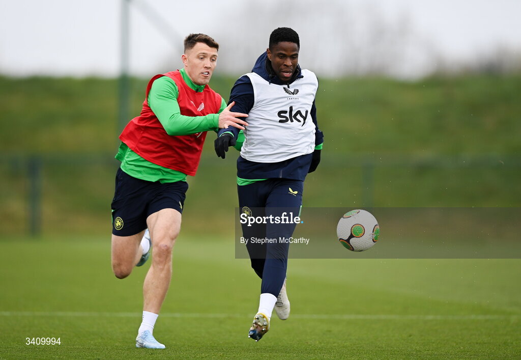 30 March 2026; Chiedozie Ogbene, right, and Dara O'Shea during a Republic of Ireland men's training session at the FAI National Training Centre in Abbotstown, Dublin. Photo by Stephen McCarthy/Sportsfile