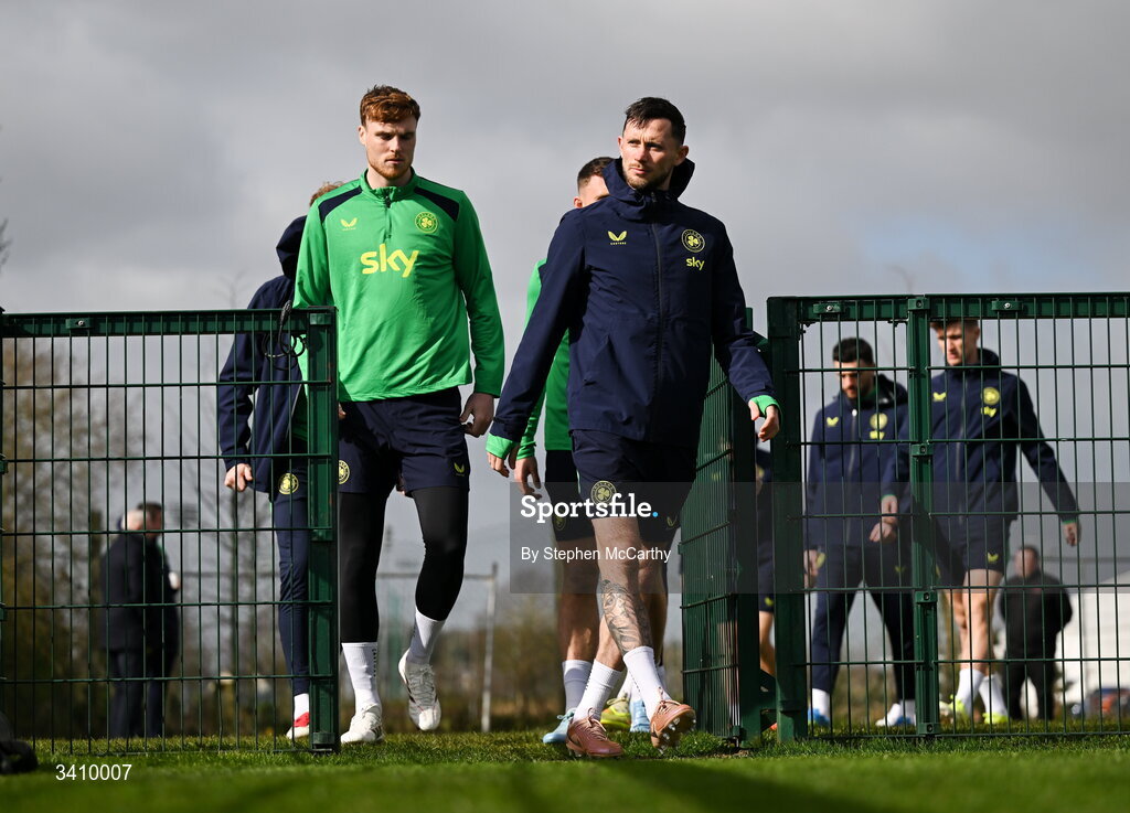 30 March 2026; Jake O'Brien, left, and Alan Browne during a Republic of Ireland men's training session at the FAI National Training Centre in Abbotstown, Dublin. Photo by Stephen McCarthy/Sportsfile