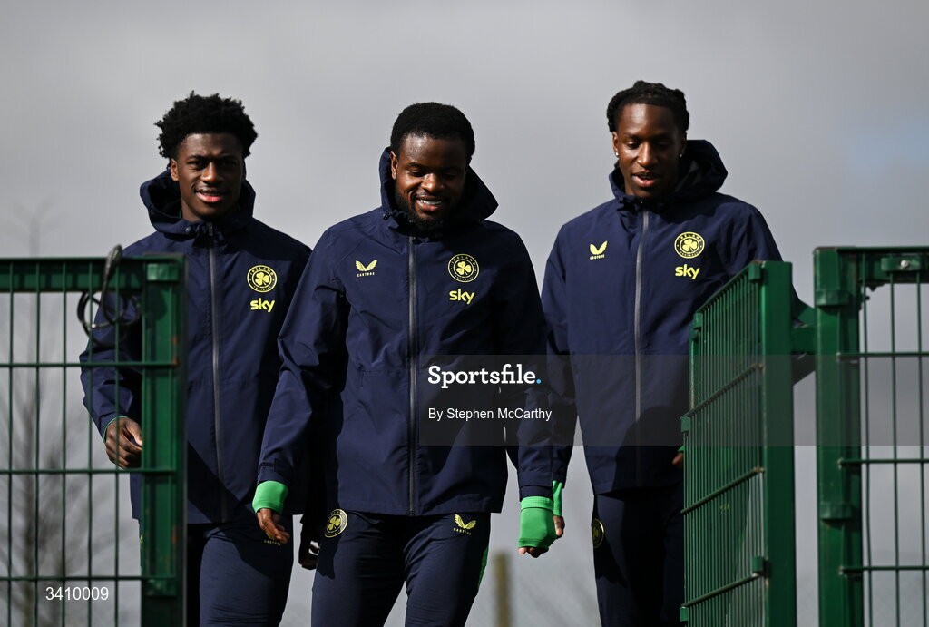 30 March 2026; Players, from left, James Abankwah, Millenic Alli and Bosun Lawal during a Republic of Ireland men's training session at the FAI National Training Centre in Abbotstown, Dublin. Photo by Stephen McCarthy/Sportsfile