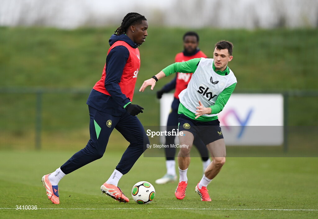 30 March 2026; Bosun Lawal and Jason Knight, right, during a Republic of Ireland men's training session at the FAI National Training Centre in Abbotstown, Dublin. Photo by Stephen McCarthy/Sportsfile