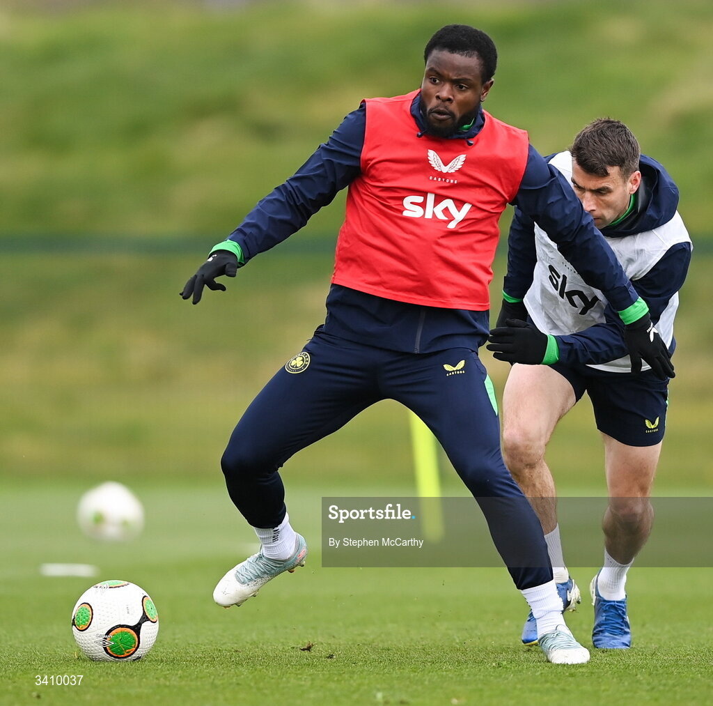 30 March 2026; Millenic Alli and Seamus Coleman, right, during a Republic of Ireland men's training session at the FAI National Training Centre in Abbotstown, Dublin. Photo by Stephen McCarthy/Sportsfile