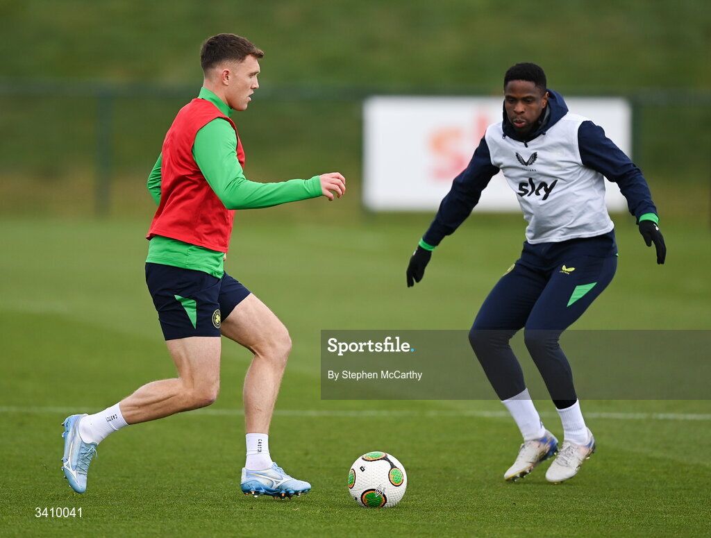 30 March 2026; Dara O'Shea, left, and Chiedozie Ogbene during a Republic of Ireland men's training session at the FAI National Training Centre in Abbotstown, Dublin. Photo by Stephen McCarthy/Sportsfile