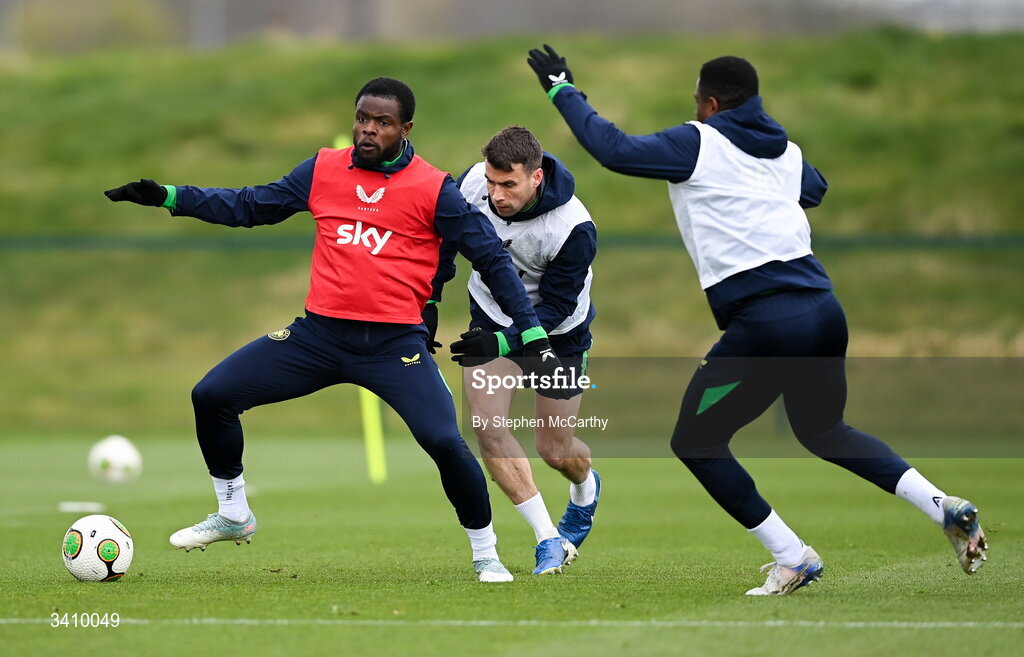 30 March 2026; Millenic Alli, left, and Seamus Coleman during a Republic of Ireland men's training session at the FAI National Training Centre in Abbotstown, Dublin. Photo by Stephen McCarthy/Sportsfile