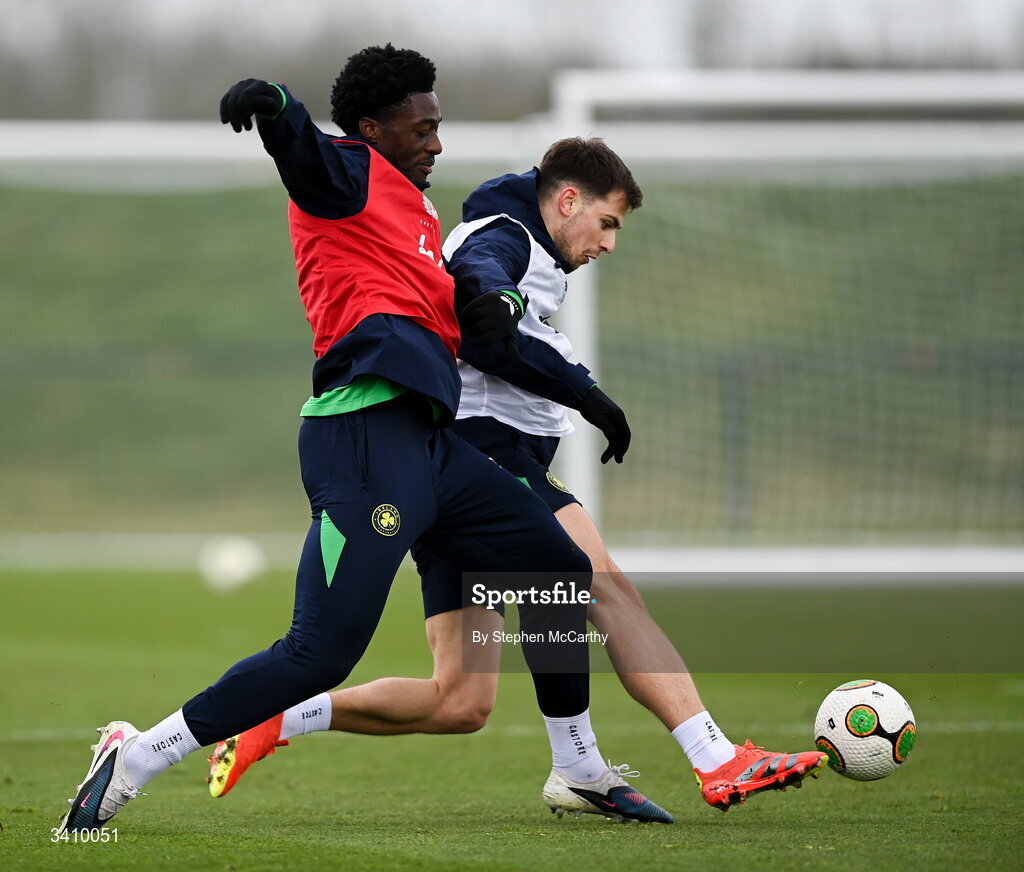 30 March 2026; James Abankwah and Jayson Molumby, right, during a Republic of Ireland men's training session at the FAI National Training Centre in Abbotstown, Dublin. Photo by Stephen McCarthy/Sportsfile