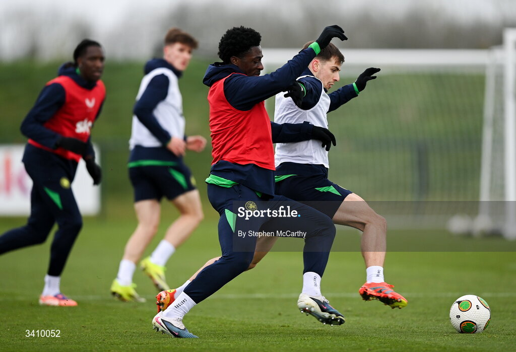 30 March 2026; James Abankwah and Jayson Molumby, right, during a Republic of Ireland men's training session at the FAI National Training Centre in Abbotstown, Dublin. Photo by Stephen McCarthy/Sportsfile