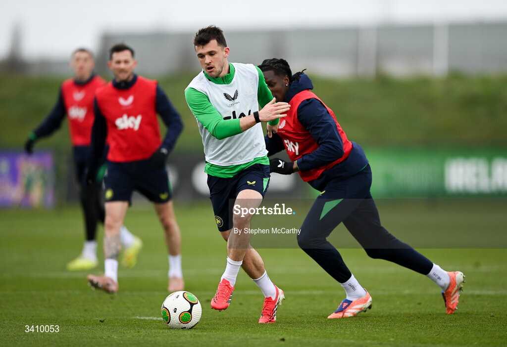 30 March 2026; Jason Knight and James Abankwah, right, during a Republic of Ireland men's training session at the FAI National Training Centre in Abbotstown, Dublin. Photo by Stephen McCarthy/Sportsfile