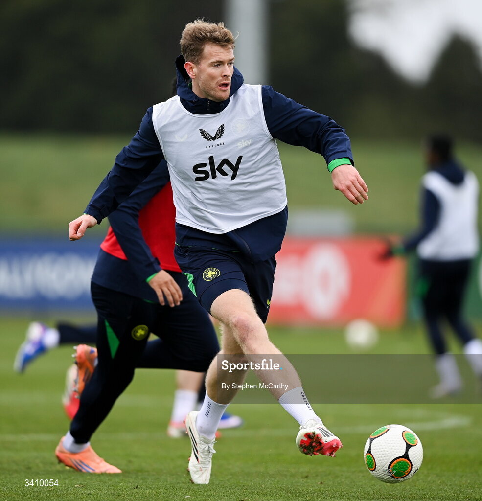 30 March 2026; Nathan Collins during a Republic of Ireland men's training session at the FAI National Training Centre in Abbotstown, Dublin. Photo by Stephen McCarthy/Sportsfile