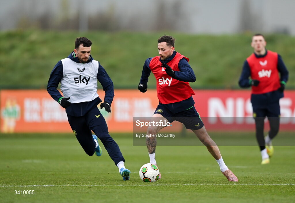 30 March 2026; Alan Browne and Troy Parrott, left, during a Republic of Ireland men's training session at the FAI National Training Centre in Abbotstown, Dublin. Photo by Stephen McCarthy/Sportsfile