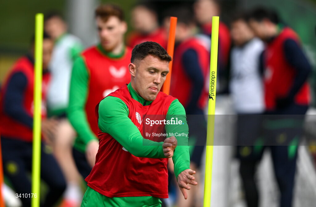30 March 2026; Dara O'Shea during a Republic of Ireland men's training session at the FAI National Training Centre in Abbotstown, Dublin. Photo by Stephen McCarthy/Sportsfile