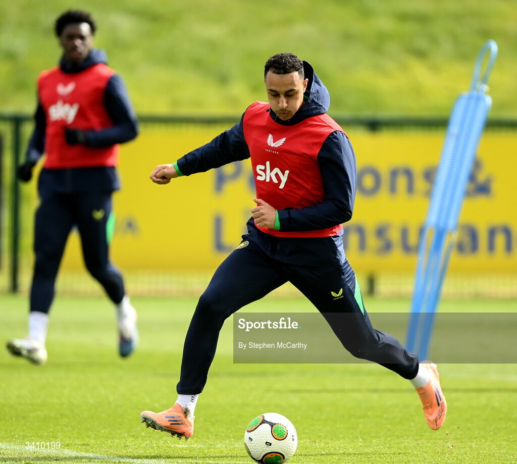 30 March 2026; Adam Idah during a Republic of Ireland men's training session at the FAI National Training Centre in Abbotstown, Dublin. Photo by Stephen McCarthy/Sportsfile