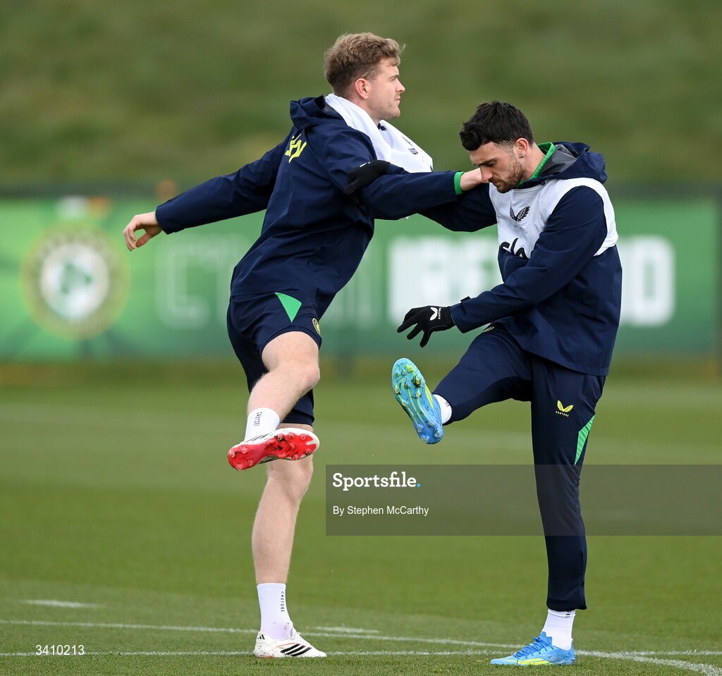 30 March 2026; Troy Parrott and Nathan Collins, left, during a Republic of Ireland men's training session at the FAI National Training Centre in Abbotstown, Dublin. Photo by Stephen McCarthy/Sportsfile