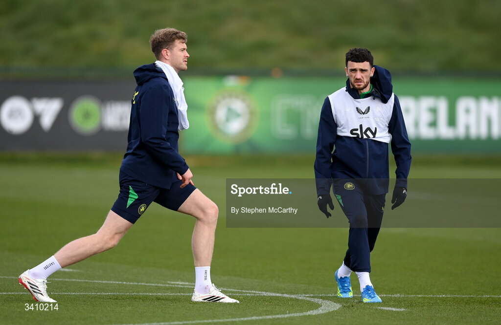 30 March 2026; Troy Parrott and Nathan Collins, left, during a Republic of Ireland men's training session at the FAI National Training Centre in Abbotstown, Dublin. Photo by Stephen McCarthy/Sportsfile