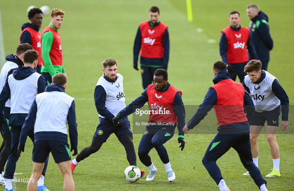 30 March 2026; Millenic Alli and Ryan Manning, left, during a Republic of Ireland men's training session at the FAI National Training Centre in Abbotstown, Dublin. Photo by Stephen McCarthy/Sportsfile
