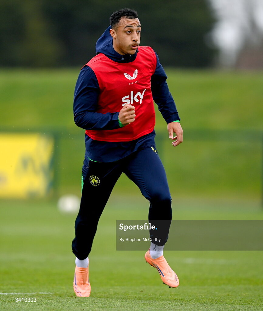 30 March 2026; Adam Idah during a Republic of Ireland men's training session at the FAI National Training Centre in Abbotstown, Dublin. Photo by Stephen McCarthy/Sportsfile