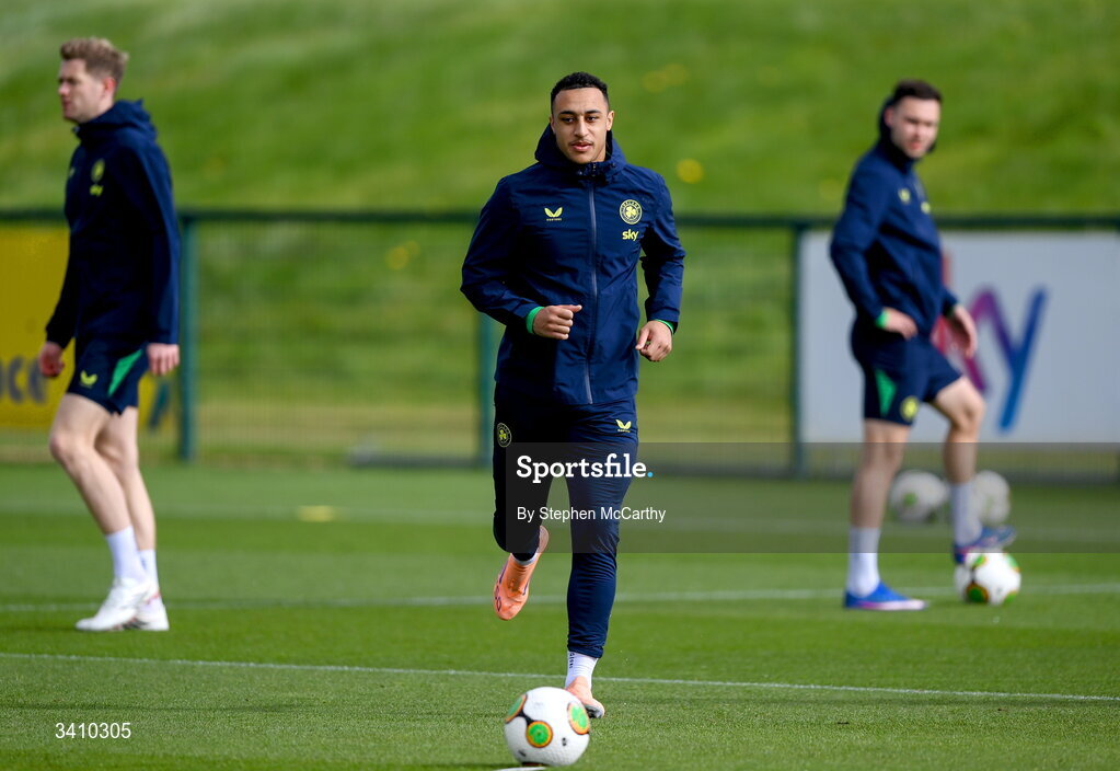 30 March 2026; Adam Idah during a Republic of Ireland men's training session at the FAI National Training Centre in Abbotstown, Dublin. Photo by Stephen McCarthy/Sportsfile
