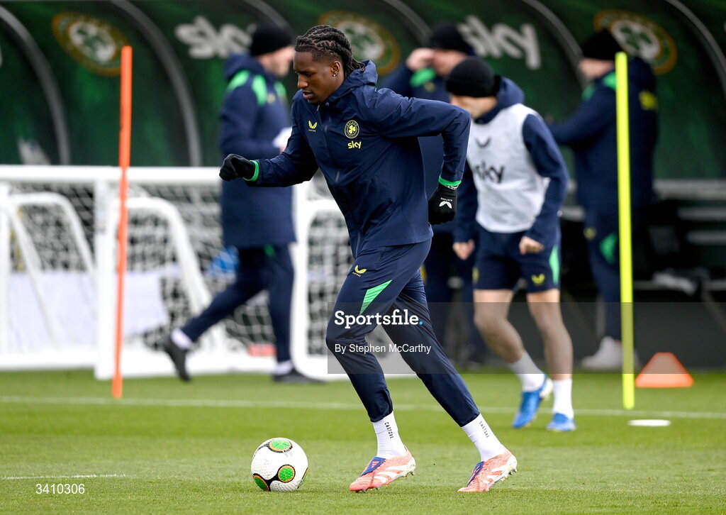 30 March 2026; Bosun Lawal during a Republic of Ireland men's training session at the FAI National Training Centre in Abbotstown, Dublin. Photo by Stephen McCarthy/Sportsfile