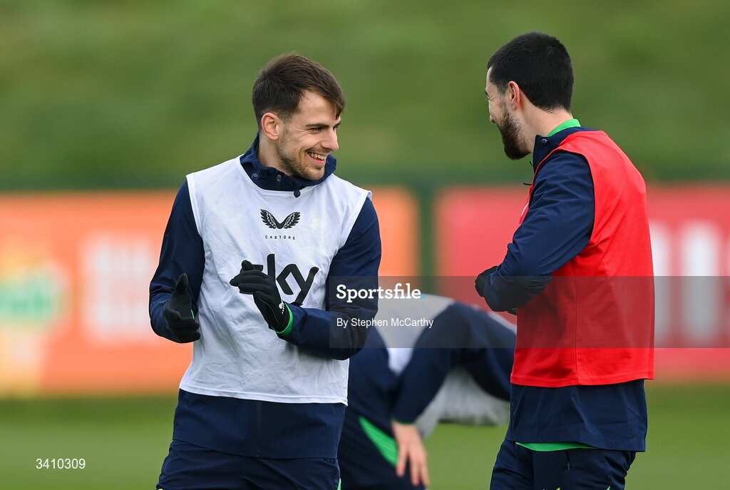 30 March 2026; Jayson Molumby, left, and Finn Azaz during a Republic of Ireland men's training session at the FAI National Training Centre in Abbotstown, Dublin. Photo by Stephen McCarthy/Sportsfile