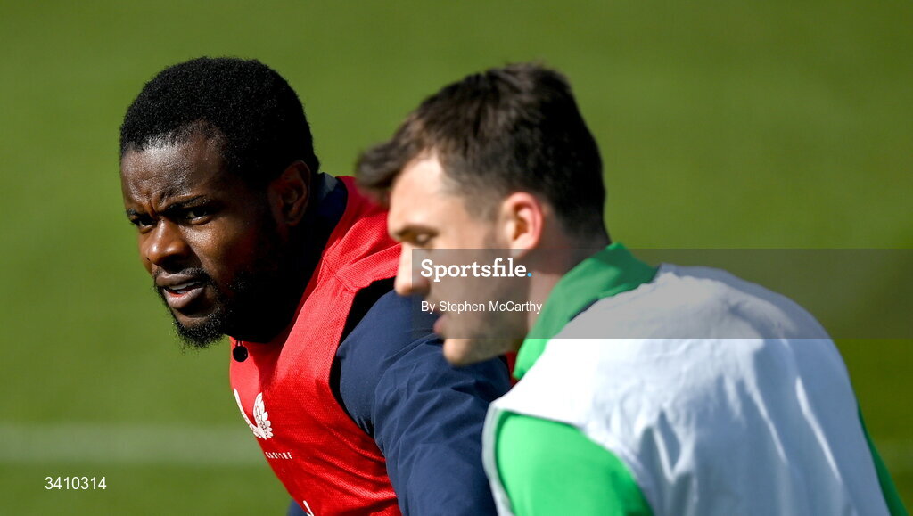 30 March 2026; Millenic Alli and Jason Knight, right, during a Republic of Ireland men's training session at the FAI National Training Centre in Abbotstown, Dublin. Photo by Stephen McCarthy/Sportsfile