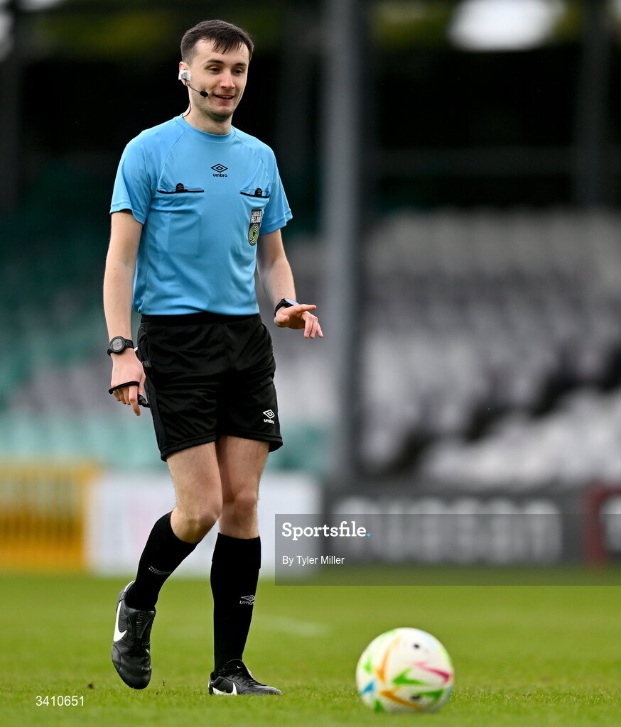 28 March 2026; Referee Ryan Maher during the SSE Airtricity Women's Premier Division match between Galway United and Wexford at Eamonn Deacy Park in Galway. Photo by Tyler Miller/Sportsfile