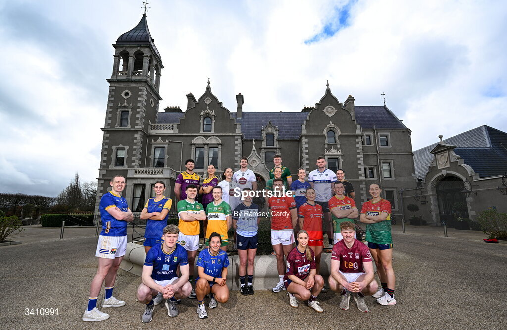 31 March 2026; Players, from left, to right, Paddy Fox and Shauna Hagan, Longford; Dean Healy and Lucy Dunne, Wicklow; Shane Tierney and Michelle Mann, Offaly; Aisling Halligan and Eoghan Nolan, Wexford; Leah Caffrey, Dublin; Sam Mulroy and Áine Breen, Louth; Cian mcBride and Niamh Gallogly, Meath; Fiona Coyle and Ronan Wallace, Westmeath; Andrea Moran and Killian Roche, Laois; Becky Lomax, Kilkenny; and Mikey Brambrick and Roisin Bailey of Carlow; during the launch of the 2026 Leinster GAA Senior Football and LGFA Championships at Killashee Hotel in Naas, Kildare. Photo by Ramsey Cardy/Sportsfile