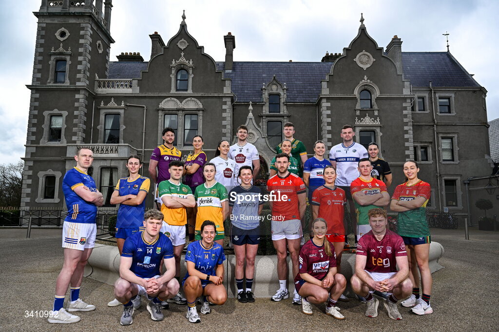 31 March 2026; Players, from left, to right, Paddy Fox and Shauna Hagan, Longford; Dean Healy and Lucy Dunne, Wicklow; Shane Tierney and Michelle Mann, Offaly; Aisling Halligan and Eoghan Nolan, Wexford; Leah Caffrey, Dublin; Sam Mulroy and Áine Breen, Louth; Cian mcBride and Niamh Gallogly, Meath; Fiona Coyle and Ronan Wallace, Westmeath; Andrea Moran and Killian Roche, Laois; Becky Lomax, Kilkenny; and Mikey Brambrick and Roisin Bailey of Carlow; during the launch of the 2026 Leinster GAA Senior Football and LGFA Championships at Killashee Hotel in Naas, Kildare. Photo by Ramsey Cardy/Sportsfile