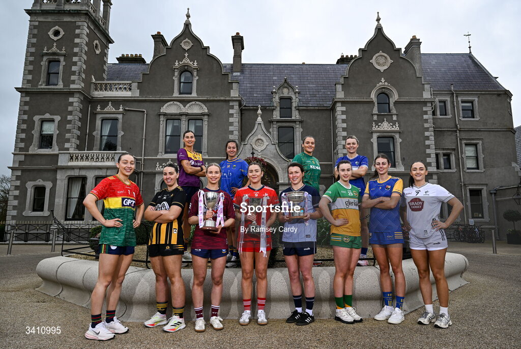 31 March 2026; Players, from left, Roisin Bailey, Carlow; Becky Lomax, Kilkenny; Aisling Halligan, Wexford; Fiona Coyle, Westmeath; Shauna Hogan, Longford; Aine Breen, Louth; Leah Caffrey, Dublin; Niamh Gallogly, Meath; Michelle Mann, OFfaly; Andrea Moran, Laois; Lucy Dunne, Wicklow; and Laoise Lenehan, Kildare; during the launch of the 2026 Leinster LGFA Championships at Killashee Hotel in Naas, Kildare. Photo by Ramsey Cardy/Sportsfile