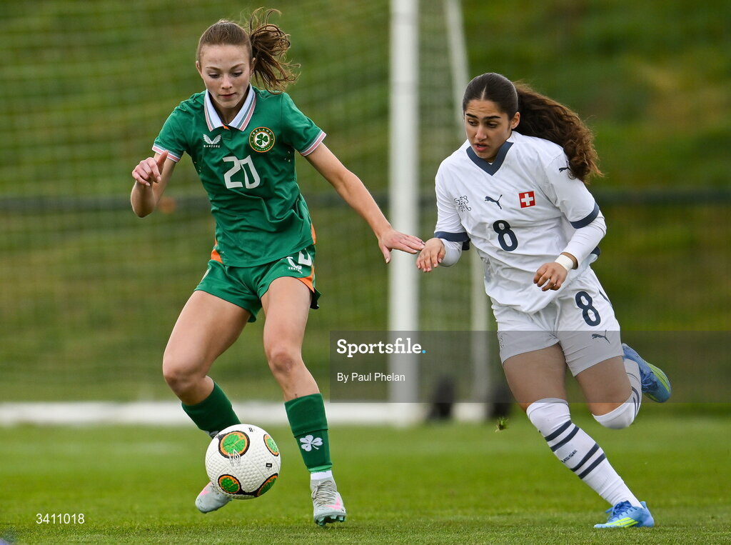 31 March 2026; Ruby Norris of Republic of Ireland in action against Ilaria Nerea Maddaloni of Switzerland during the Girls U16 international friendly match between Repubic of Ireland and Switzerland at the FAI National Training Centre in Abbotstown, Dublin. Photo by Paul Phelan/Sportsfile