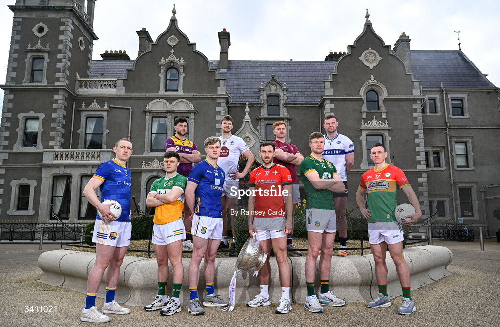 31 March 2026; Players, from left, Paddy Fox, Longford; Eoghan Nolan, Wexford; Shane Tierney, Offaly; Dean Healy, Wicklow; Kevin Feely, Kildare; Sam Mulroy, Louth; Ronan Wallace, Westmeath; Cian McBride, Meath; Killian Roche, Laois; and Mikey Bambrick, Carlow; during the launch of the 2026 Leinster GAA Senior Football Championships at Killashee Hotel in Naas, Kildare. Photo by Ramsey Cardy/Sportsfile