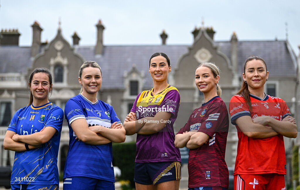 31 March 2026; Intermediate ladies footballers, from left, Lucy Dunne, Wicklow; Andrea Moran, Laois; Aisling Halligan, Wexford; Fiona Coyle, Westmeath; Aine Breen, Louth; during the launch of the 2026 Leinster LGFA Championships at Killashee Hotel in Naas, Kildare. Photo by Ramsey Cardy/Sportsfile