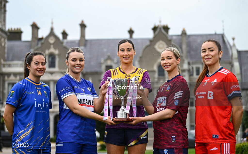 31 March 2026; Intermediate ladies footballers, from left, Lucy Dunne, Wicklow; Andrea Moran, Laois; Aisling Halligan, Wexford; Fiona Coyle, Westmeath; Aine Breen, Louth; during the launch of the 2026 Leinster LGFA Championships at Killashee Hotel in Naas, Kildare. Photo by Ramsey Cardy/Sportsfile