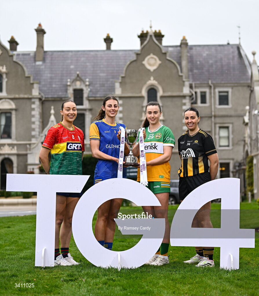 31 March 2026; Junior ladies footballers, from left, Roisin Bailey, Carlow; Shauna Hogan, Longford; Michelle Mann, Offaly; Becky Lomax, Kilkenny; during the launch of the 2026 Leinster LGFA Championships at Killashee Hotel in Naas, Kildare. Photo by Ramsey Cardy/Sportsfile
