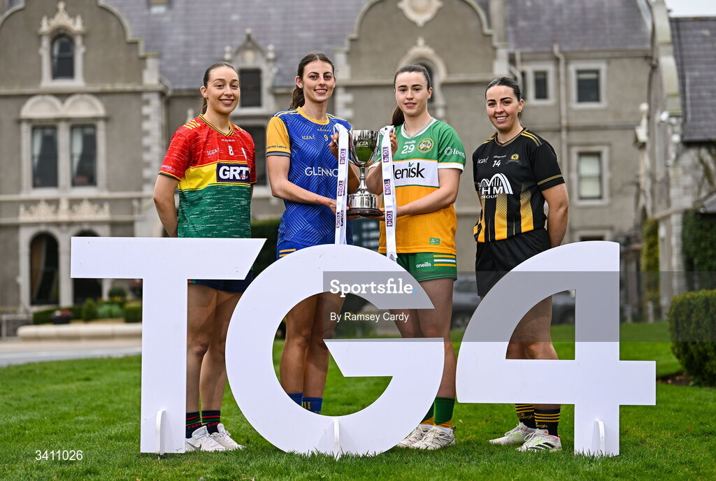 31 March 2026; Junior ladies footballers, from left, Roisin Bailey, Carlow; Shauna Hogan, Longford; Michelle Mann, Offaly; Becky Lomax, Kilkenny; during the launch of the 2026 Leinster LGFA Championships at Killashee Hotel in Naas, Kildare. Photo by Ramsey Cardy/Sportsfile