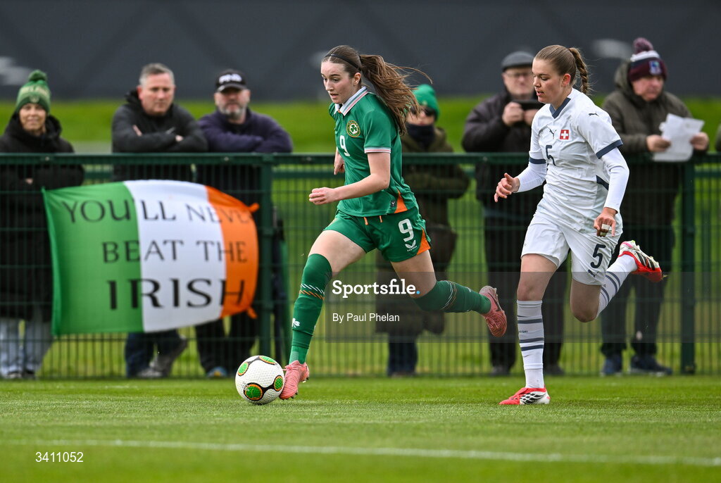 31 March 2026; Ciara Milton of Republic of Ireland in action against Naira Schierz of Switzerland during the Girls U16 international friendly match between Repubic of Ireland and Switzerland at the FAI National Training Centre in Abbotstown, Dublin. Photo by Paul Phelan/Sportsfile