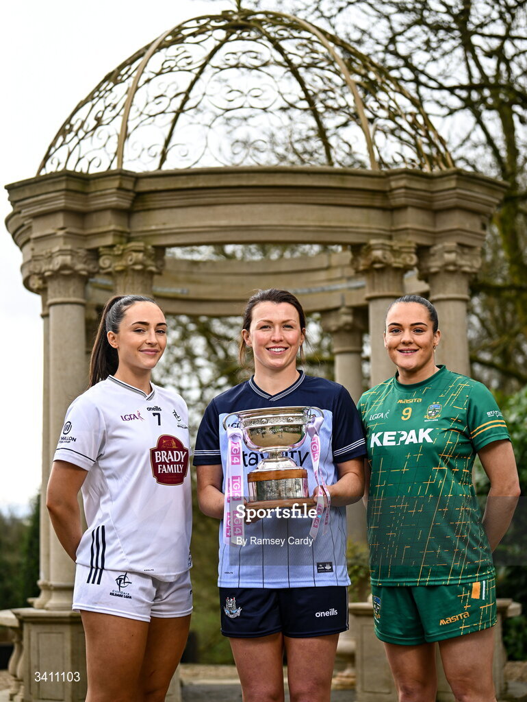 31 March 2026; Senior ladies footballers, from left, Laoise Lenehan, Kildare; Leah Caffrey, Dublin; and Niamh Gallogly, Meath; during the launch of the 2026 Leinster LGFA Championships at Killashee Hotel in Naas, Kildare. Photo by Ramsey Cardy/Sportsfile