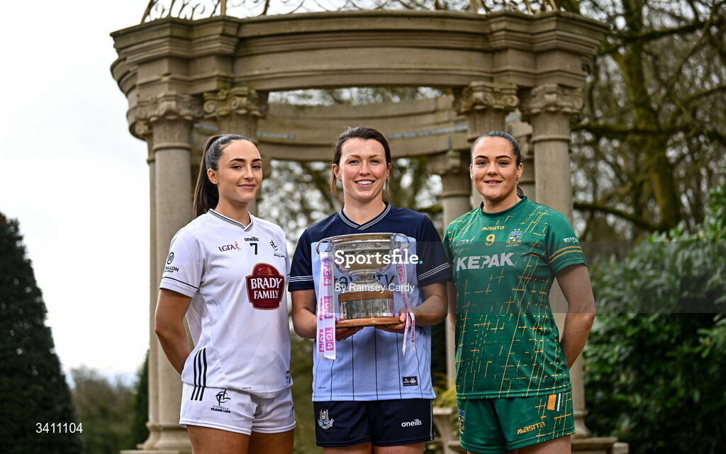 31 March 2026; Senior ladies footballers, from left, Laoise Lenehan, Kildare; Leah Caffrey, Dublin; and Niamh Gallogly, Meath; during the launch of the 2026 Leinster LGFA Championships at Killashee Hotel in Naas, Kildare. Photo by Ramsey Cardy/Sportsfile