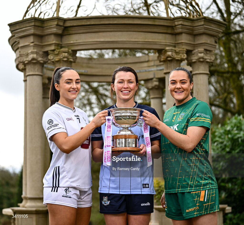 31 March 2026; Senior ladies footballers, from left, Laoise Lenehan, Kildare; Leah Caffrey, Dublin; and Niamh Gallogly, Meath; during the launch of the 2026 Leinster LGFA Championships at Killashee Hotel in Naas, Kildare. Photo by Ramsey Cardy/Sportsfile