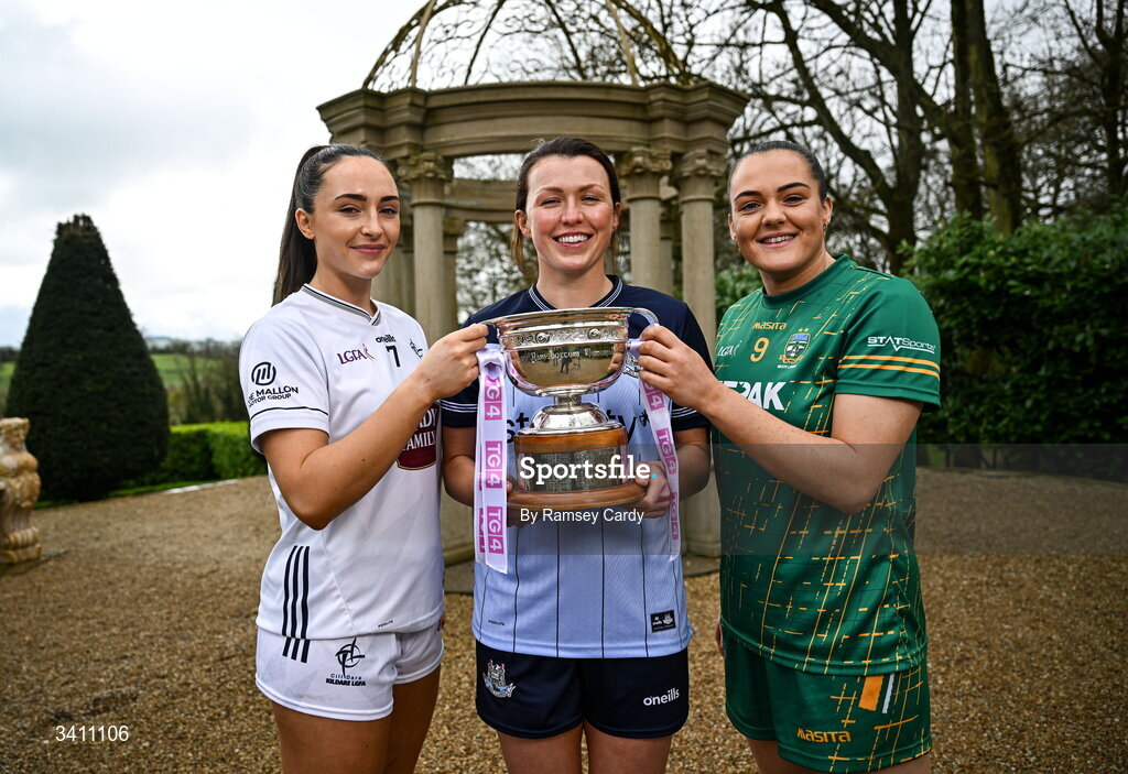31 March 2026; Senior ladies footballers, from left, Laoise Lenehan, Kildare; Leah Caffrey, Dublin; and Niamh Gallogly, Meath; during the launch of the 2026 Leinster LGFA Championships at Killashee Hotel in Naas, Kildare. Photo by Ramsey Cardy/Sportsfile