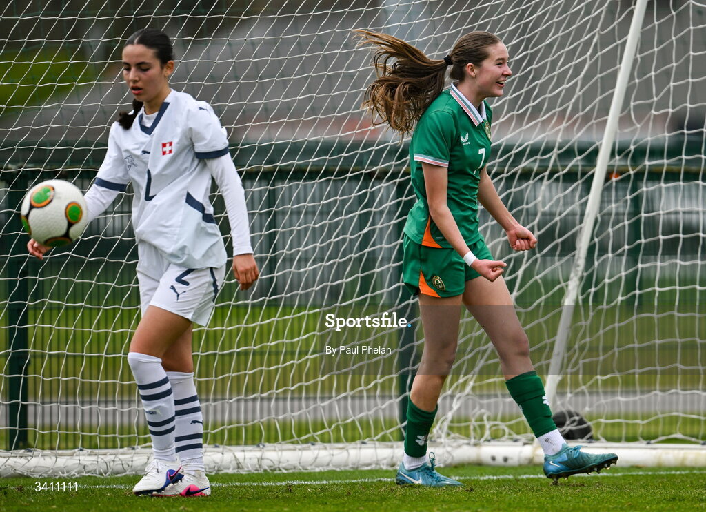31 March 2026; Hailey Twomey of Republic of Ireland celebrates after scoring her side's first goal during the Girls U16 international friendly match between Repubic of Ireland and Switzerland at the FAI National Training Centre in Abbotstown, Dublin. Photo by Paul Phelan/Sportsfile