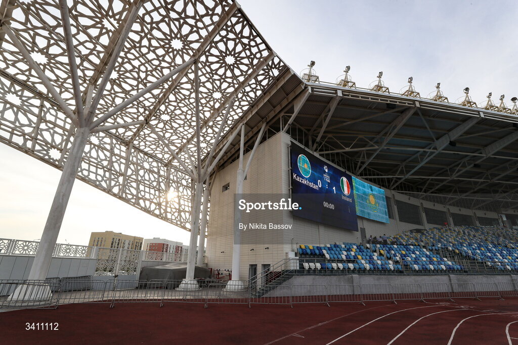 31 March 2026; A general view inside the stadium ahead of the UEFA European U21 Championship qualifier match between Kazakhstan and Republic of Ireland at Turkistan Arena in Turkeistan, Kazakhstan. Photo by Nikita Bassov/Sportsfile