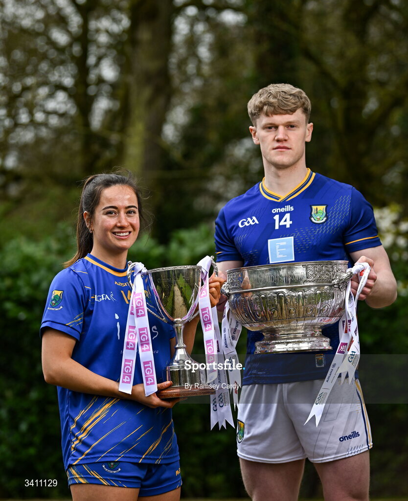 31 March 2026; Lucy Dunne and Dean Healy of Wicklow during the launch of the 2026 Leinster GAA Senior Football and LGFA Championships at Killashee Hotel in Naas, Kildare. Photo by Ramsey Cardy/Sportsfile