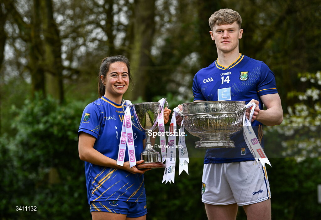 31 March 2026; Lucy Dunne and Dean Healy of Wicklow during the launch of the 2026 Leinster GAA Senior Football and LGFA Championships at Killashee Hotel in Naas, Kildare. Photo by Ramsey Cardy/Sportsfile