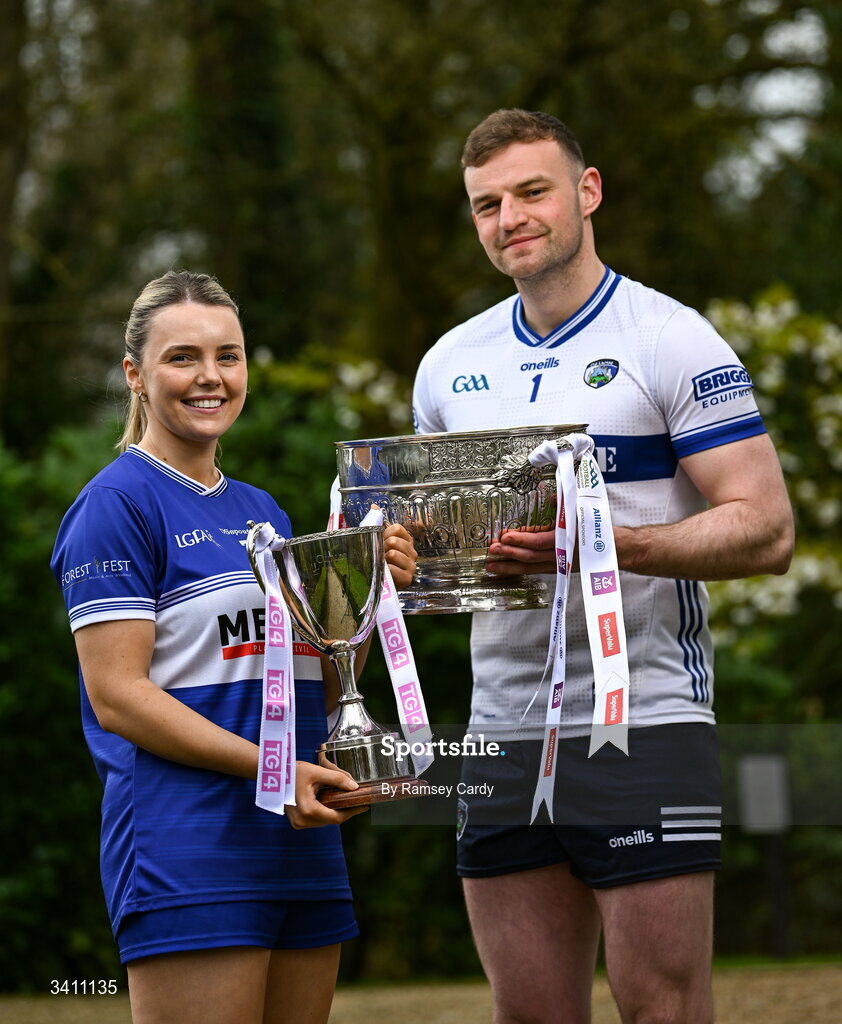 31 March 2026; Andrea Moran and Killian Roche of Laois during the launch of the 2026 Leinster GAA Senior Football and LGFA Championships at Killashee Hotel in Naas, Kildare. Photo by Ramsey Cardy/Sportsfile